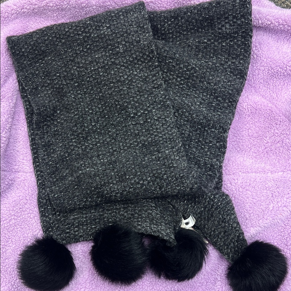 Elegant Black Cashmere Ugg Scarf with Pom Poms